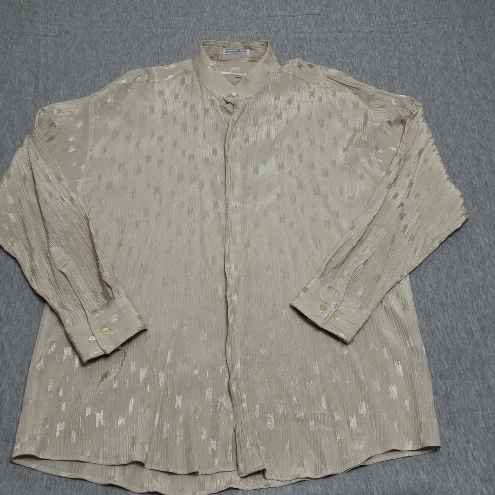 Vintage‎ 90s Band Collar Shirt Mens Large Metallic Crinkle Rayon Club Gold Beige